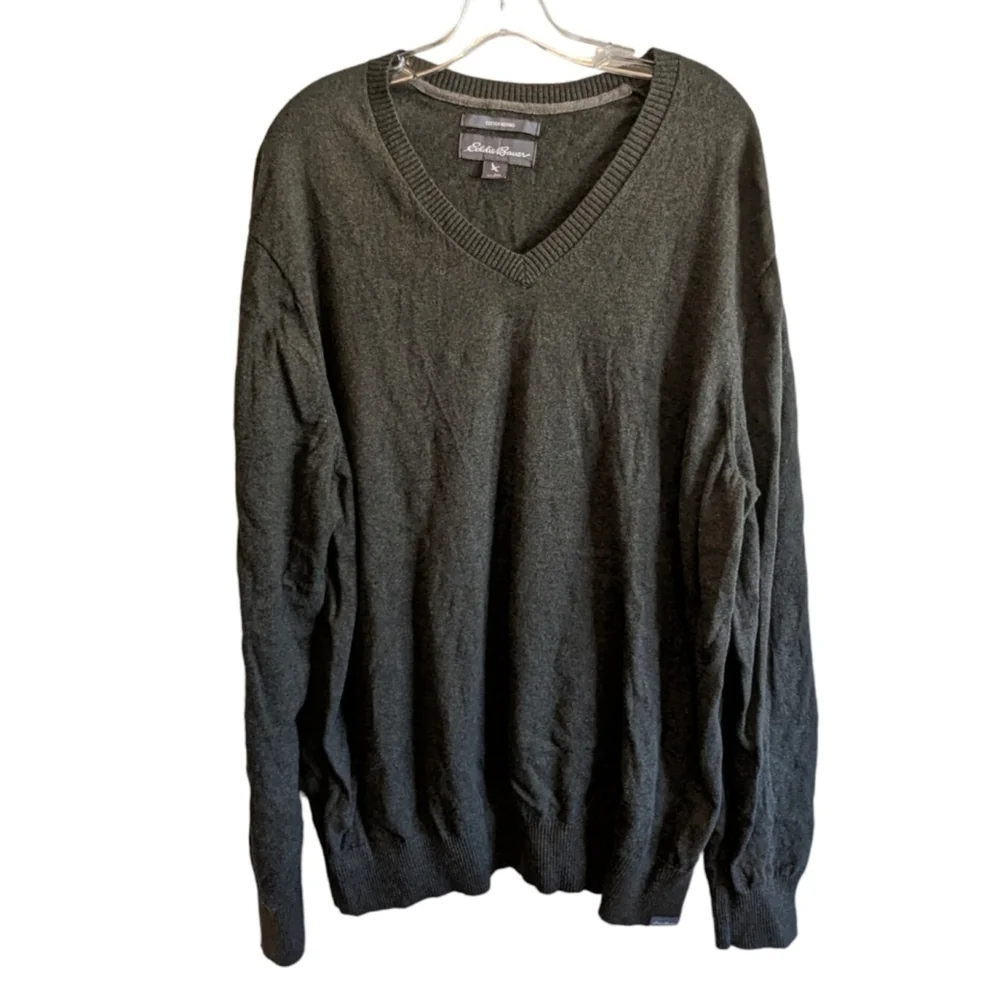 Eddie Bauer Sweater Men 2XL Cotton Merino Wool Long Sleeve V Neck Pullover Gray